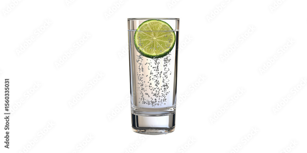Poster glass of sparkling water with lime slice. refreshing beverage and hydration concept isolated on tran
