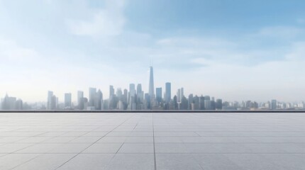 Naklejka na ściany i meble World environment day concept Stone terrace at rooftop with abstract blur city and blue sky and clouds background. 