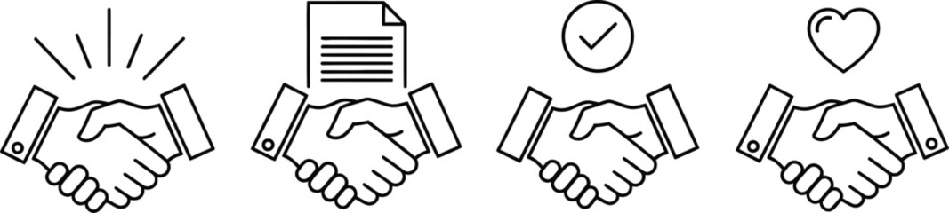 Set of handshake line icons on a white background. Icons associated with business agreements, friendly handshakes, partnership deals, etc. Suitable for apps, UI, websites. Vector illustration.

