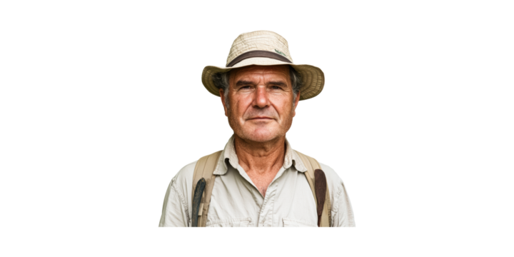 Elderly Man In Safari Hat And Backpack. Outdoor Adventure And Exploration Concept Isolated On Transparent Background