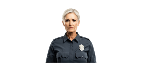 Senior Female Police Officer In Uniform. Authority And Law Enforcement Representation Isolated On Transparent Background