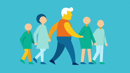 Fototapeta premium A person with Alzheimers walking confidently with the support of a caregiver and members of the community highlighting the importance of caring for those with the disease.. Vector illustration