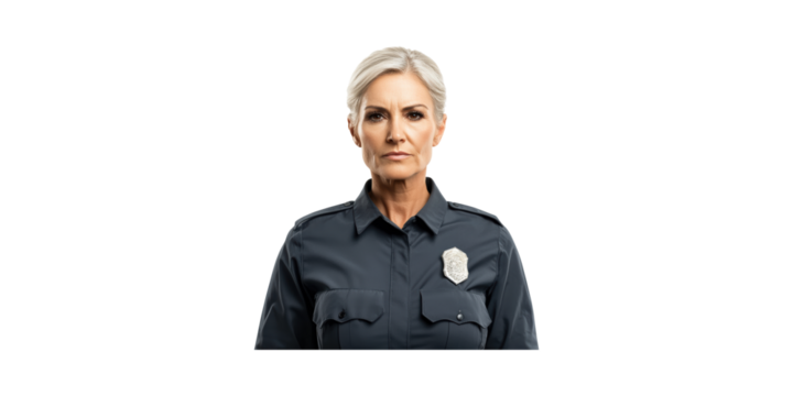 Senior Female Police Officer In Uniform. Authority And Law Enforcement Representation Isolated On Transparent Background