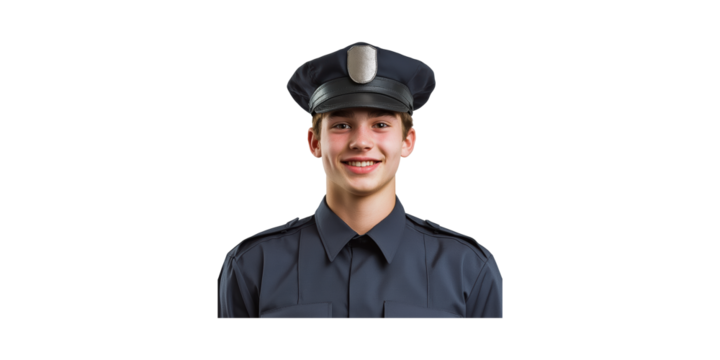 Young Male Police Officer Smiling In Uniform. Law Enforcement And Community Engagement Isolated On Transparent Background