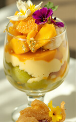 Layered mango and kiwi dessert with cream