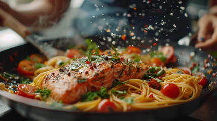 Close up of Asian woman hand cooking healthy food pasta and salmon steak on cooking pan in the kitchen at home. Happy female having dinner party meeting celebration with friends on holiday vacation