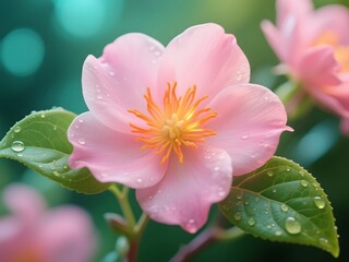 Obraz premium Close-Up of Pink Flower with Dew Drops in Morning Light