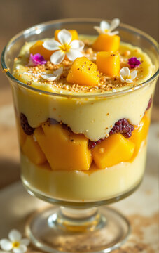 Mango layered dessert in parfait glass