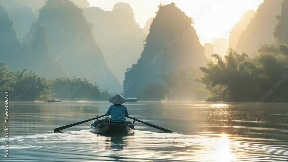 Poster a person rows a boat on a calm river with lush surroundings