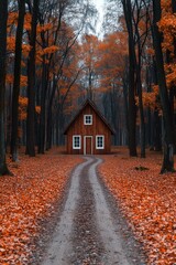 Fototapeta premium Serene Autumn Forest Pathway Surrounded by Vibrant Fallen Leaves Leading to a Cozy Wooden Cabin Amidst Nature's Majestic Display