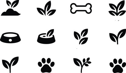 Black and White Pet Food Icons Dog Paw Leaves Bone Bowl