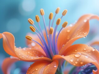 Fototapeta premium Orange Lily Flower with Water Droplets in Soft Blue Background