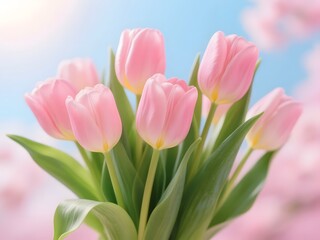 Fototapeta premium Pink Tulips Bouquet on Sparkling Glitter Background