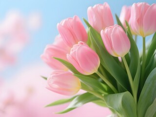 Naklejka premium Pink Tulips Bouquet on Sparkling Glitter Background