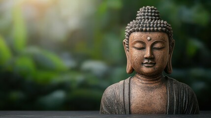 Ancient Stone Statue of Buddha Amidst Lush Greenery in the Mountains of Tibet, Capturing Serene Spirituality and Natural Beauty