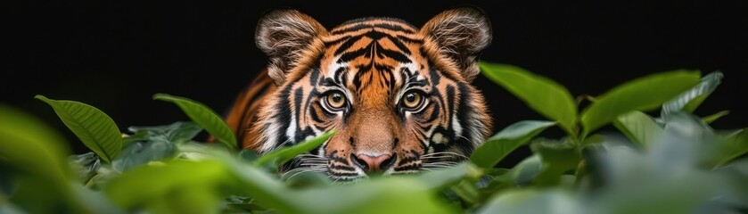 Majestic Sumatran Tiger Displaying Intense Gaze Amidst Green Foliage in Lush Environment