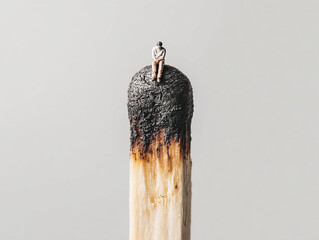 Tiny person sitting in center of giant burnt-out matchstick, emotional exhaustion and burnout concept. Powerful metaphor of mental burnout and stress for therapy, wellness. Generative Ai.