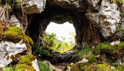 Obraz premium andstone crevice filled with dry moss and resilient flora, natural textures blending stone grain and hardy plant details