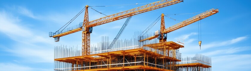 Comprehensive Architectural Blueprint for Construction Site Featuring Cranes and Steel Framework Under Clear Sky