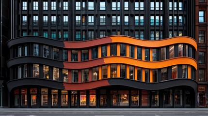 Modern Architectural Design Featuring Curved Glass Facade with Vibrant Colors in a City Setting