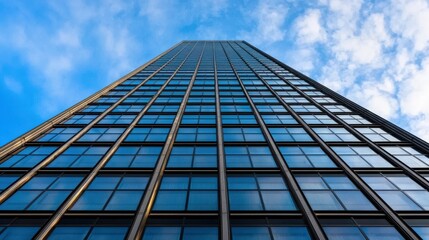 Modern Architectural Facade with Glass Panels Captured from Ground Angle Against a Beautiful Sky, Showcasing Contemporary Building Design