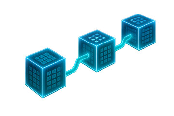 Digital blockchain network with connected glowing cubes isolated on transparent background