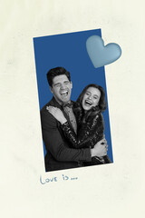 Zine trendy vertical banner creative collage of happy girl guy receive like reaction popular blog...