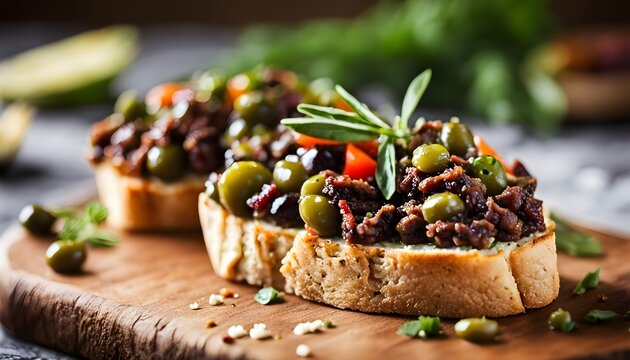 Bruschetta with Olives and Herbs on Toast