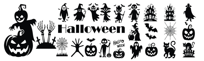 Halloween Spooky Silhouette Vector Design Set, A collection of 24 high detail black illustrations featuring ghost witch pumpkin bat tomb and candle for spooky seasonal decorations