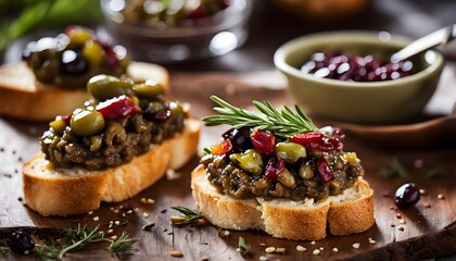 Olive Tapenade Crostini Appetizers on Wooden Board