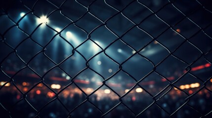 A close-up of a chain-link fence with bright stadium lights shining in the background, creating a dramatic and intense atmosphere at a nighttime event.