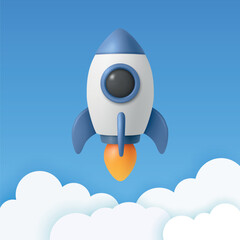 Vector 3d Rocket Icon, Startup Launch Concept. Blue and White Spaceship, Vector Illustration. Modern Business Logo, Flying Spacecraft Symbol. Missile Design for Growth, Innovation