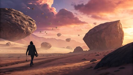 Solitary Journey: A Figure on a Surreal, Alien Landscape