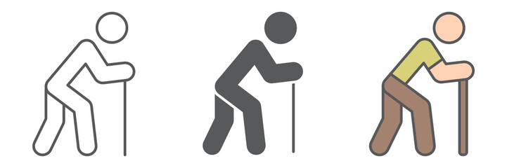 Old man with cane icon collection, disability and pensioner, old man with walking stick sign vector set graphics, editable stroke linear icon, eps 10