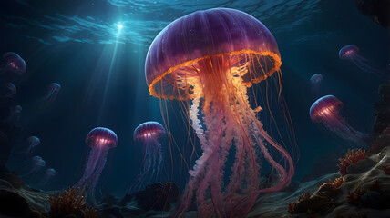 Bioluminescent Jellyfish Symphony: A Mesmerizing Underwater Dance of Glowing Marine Life