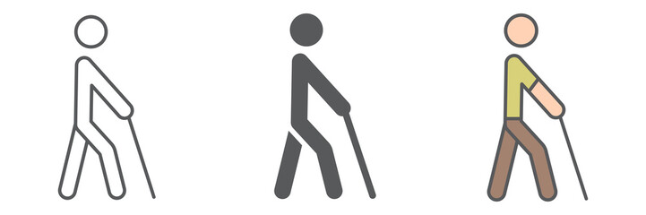Blind man with walking stick icon collection, disability and blindness, blind person sign vector set graphics, editable stroke linear icon, eps 10