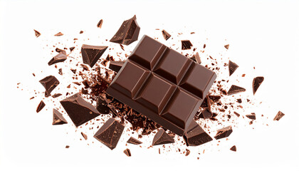 Close up a thick chocolate bar being smashed, on white background