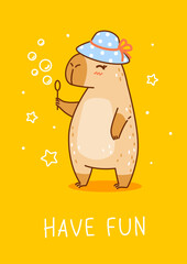 Cute сartoon capybara with hat and soap bubbles on yellow background - funny animal for Your happy summer greeting card design