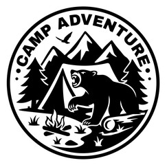 Camp Adventure SVG, Camping Bear SVG, Campfire Tent SVG, Wild Adventure SVG, Bear Camping Emblem SVG