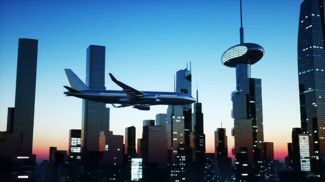 A modern city depicted in an abstract layout, showcasing a large spiral skyscraper adorned with a luminous oval roof. Design. Innovative architecture with a plane flying over the buildings