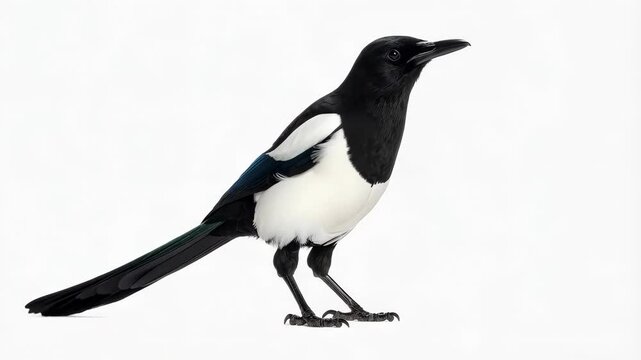 Elegant magpie posing, black and white plumage, long tail feathers, bird standing on white backdrop, studio shot, detailed beak, wildlife avian elegance