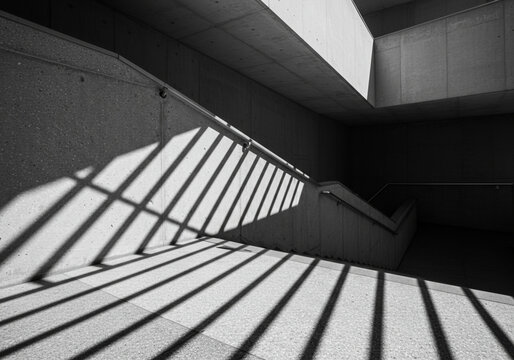 A dramatic monochrome image of an interior staircase with elegant railings, symmetrical lines, and classic architectural style, conveying a sense of depth and mystery.