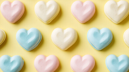 Obraz premium Heart shaped pastel marshmallows pink, blue, and white colors arranged yellow background creating soft and cheerful pattern