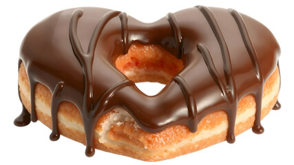 Obraz premium Realistic heart-shaped chocolate donut with glossy chocolate icing and dark chocolate drizzle isolated on transparent background. isolated white background