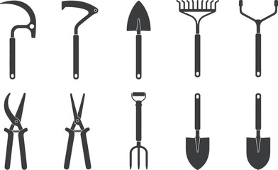 Gardening Tools Set Gray Silhouettes Collection garden tools
