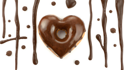 Obraz premium Realistic heart-shaped chocolate donut with glossy chocolate icing and dark chocolate drizzle isolated on transparent background. isolated white background