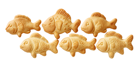 Golden fish shaped cookies on a black background, delicious and sweet snack for kids and adults, perfect for party or celebration