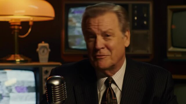 Retro news anchor broadcasting vintage studio