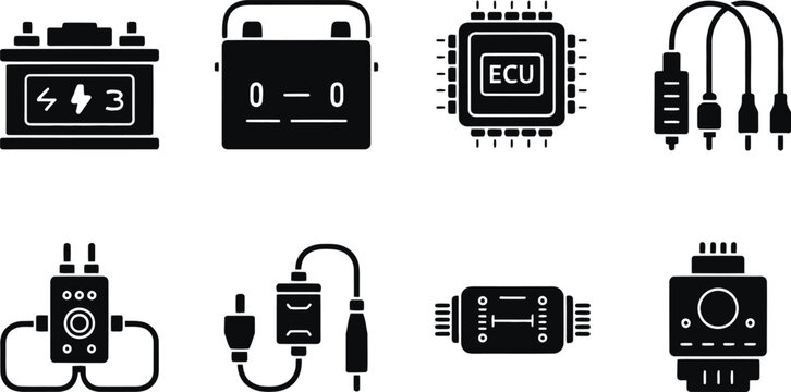 Eight Black Car Electrical System Icons battery