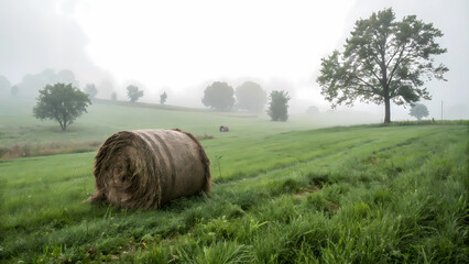 Beautiful misty morning rural landscape with hay bales and trees on a green field in the countryside